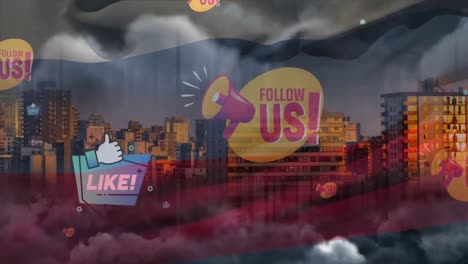 animation of flag of blowing over floating text like, in floating speech bubbles