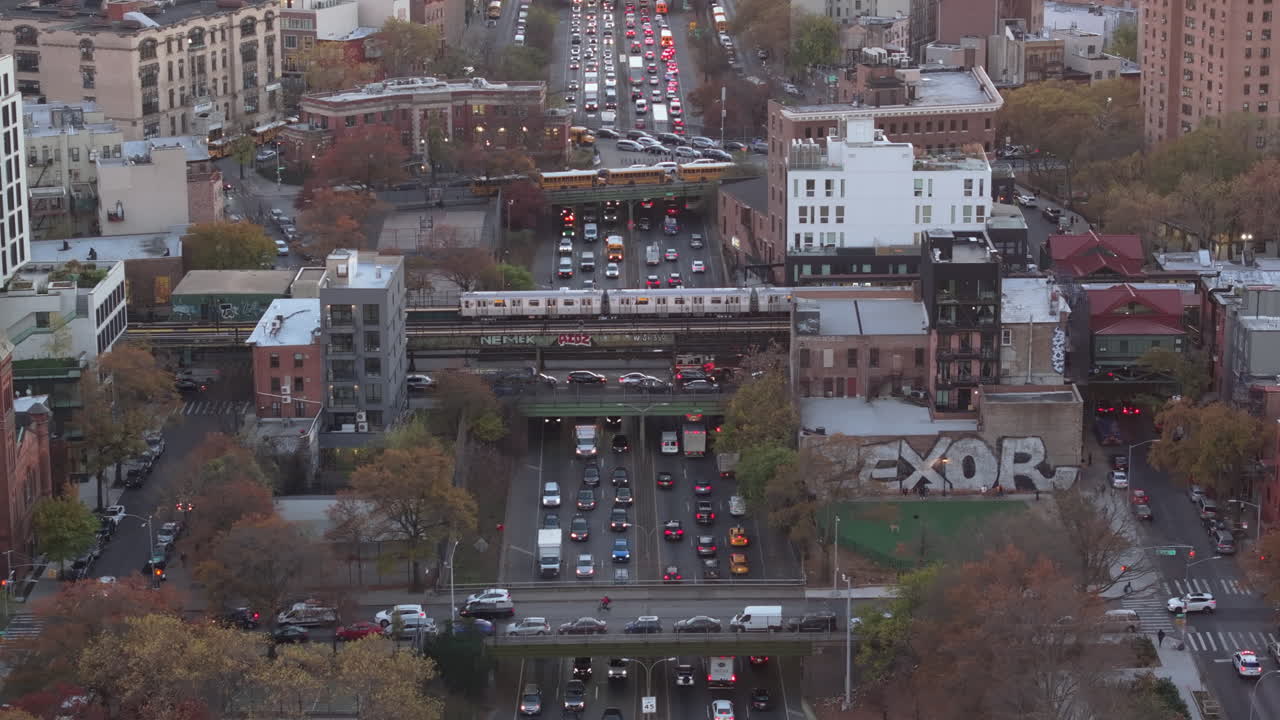 Aerial view of rush hour traffic in Brooklyn. Shot on an autumn afternoon in New York City.