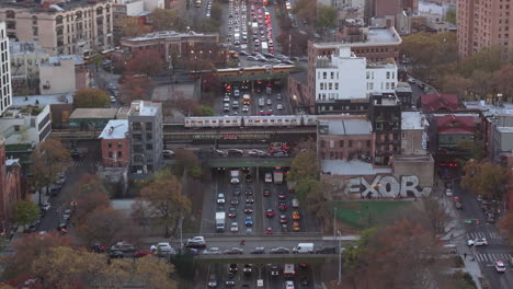 aerial view of rush hour traffic in brooklyn. shot on an autumn afternoon in new york city.