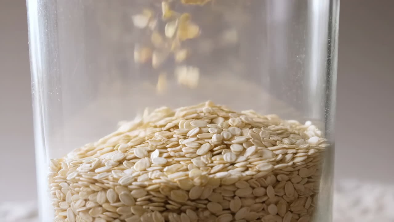 Sesame seeds falling into glass jar