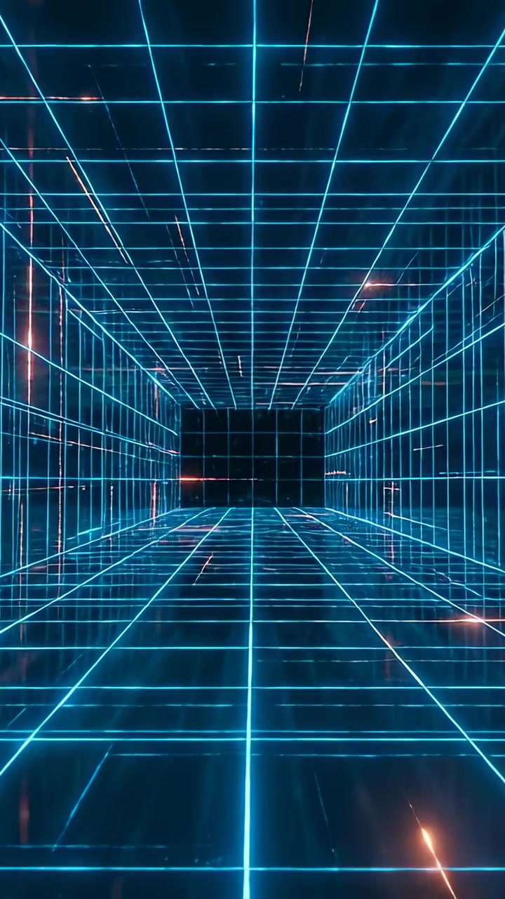 Vertical video: Brightening neon cyan grid tunnel moving in VR space, showing dark void and sparks