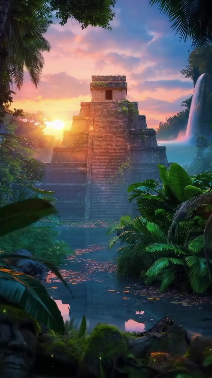 Tempio Maya nell'antica giungla lussureggiante al tramonto
