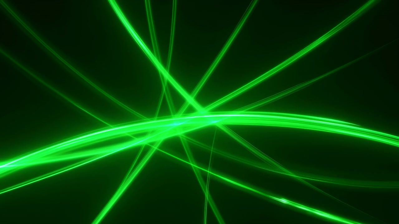 Líneas láser verdes que se cruzan en el encuadre, rayos de neón de alta energía cruzándose con estelas luminosas y techno