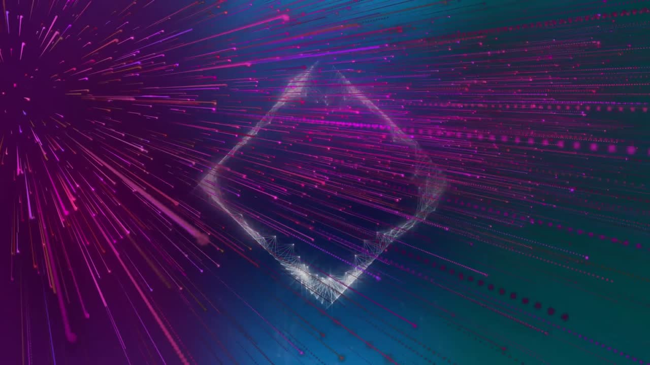 Animation of diamond neon shape over purple light trails on blue background