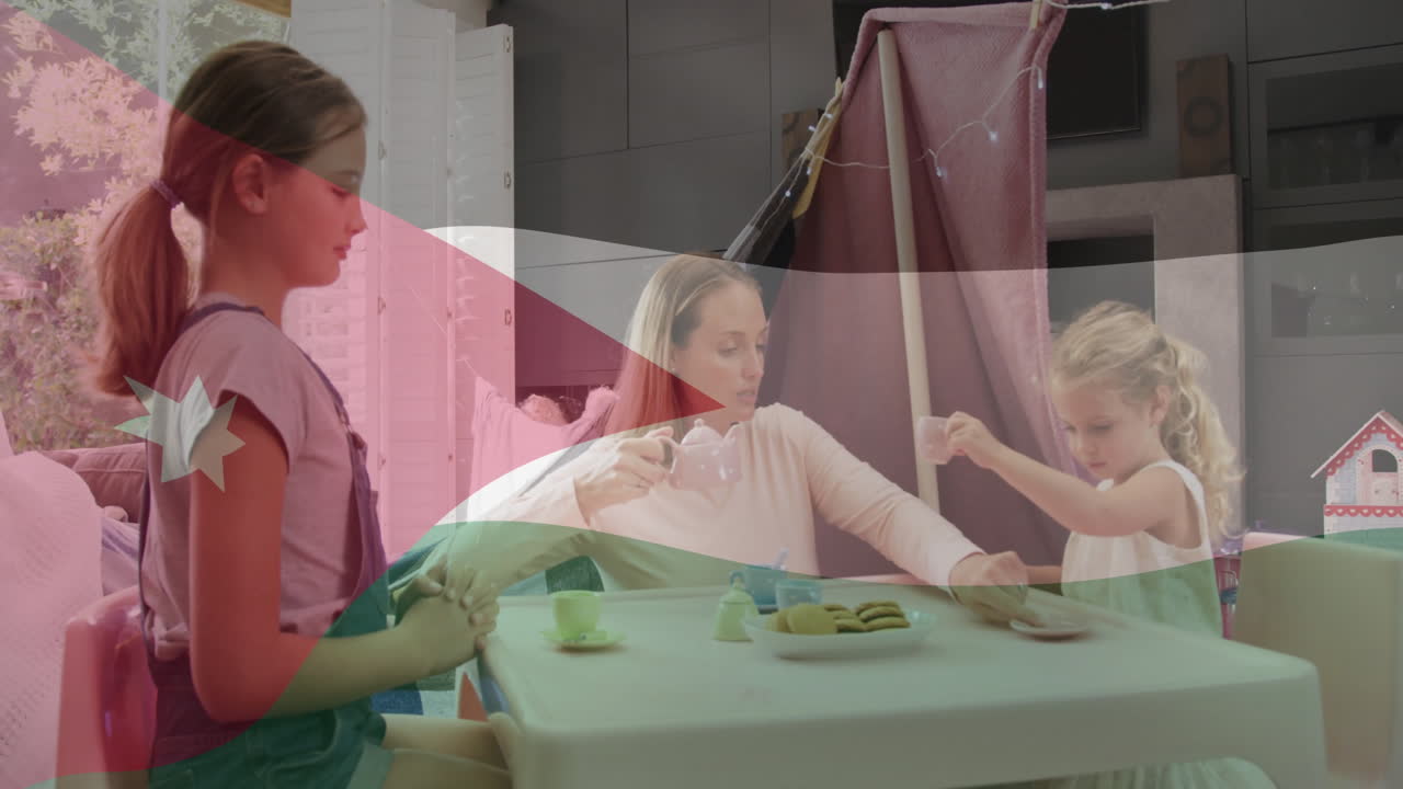 In cozy living room, family having tea party with Jordanian flag animation