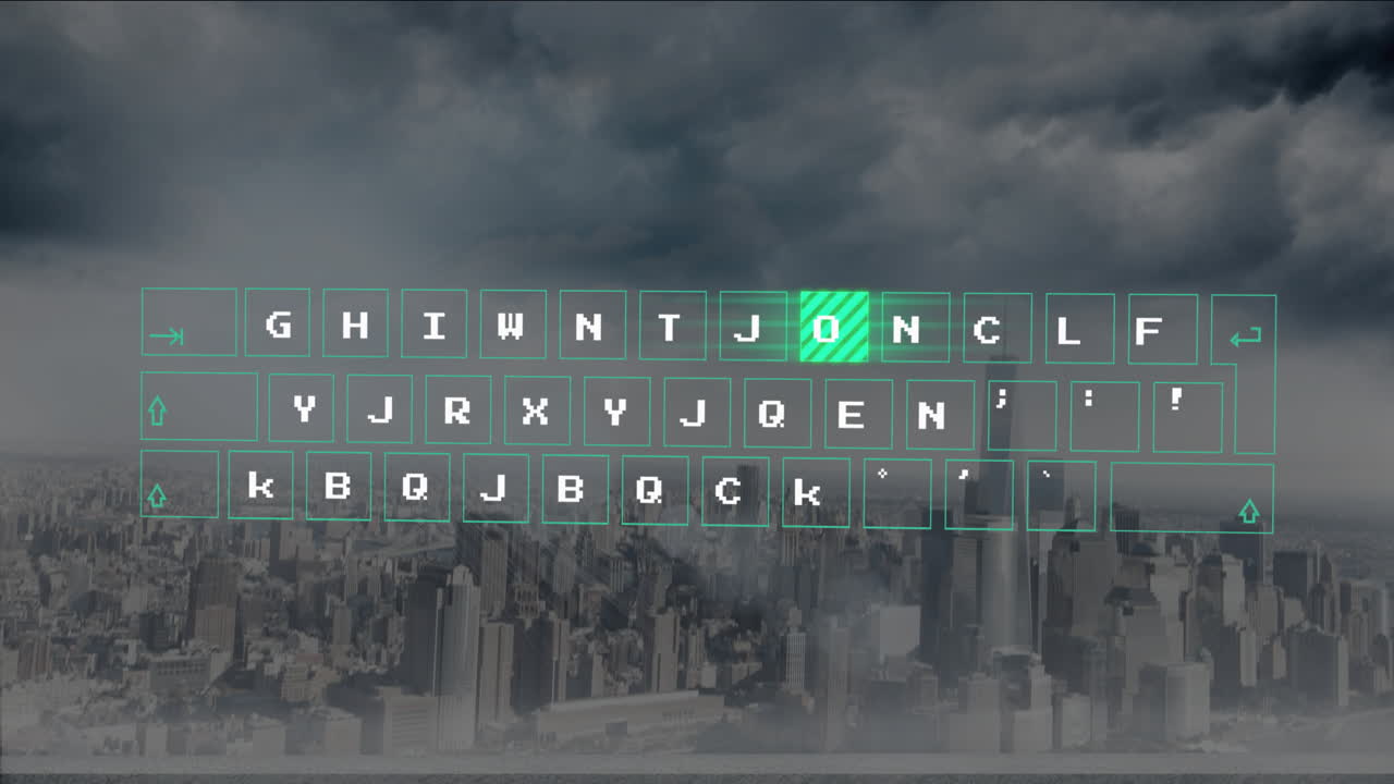 Cityscape under cloudy sky with digital keyboard overlay in animation style