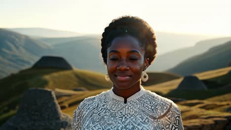 portrait of a beautiful black woman smiling outdoors in front of a mountain landscape