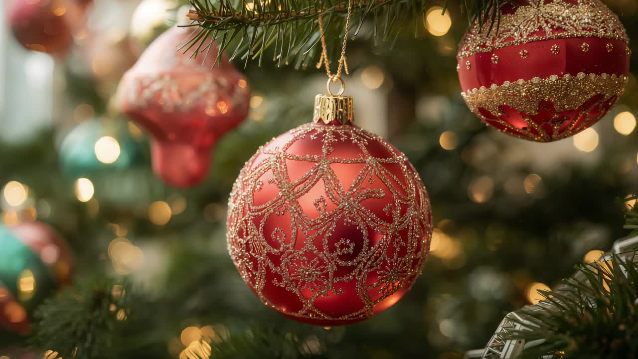 Ondeggiando nella brezza, decorazione rossa ornata con cappuccio dorato sull'albero di Natale a casa, rami di pino