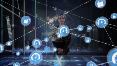 animation of network of connections with icons over businesswoman touching interactive screen