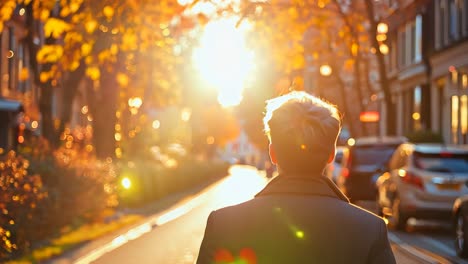 a man walking down a city street at sunset