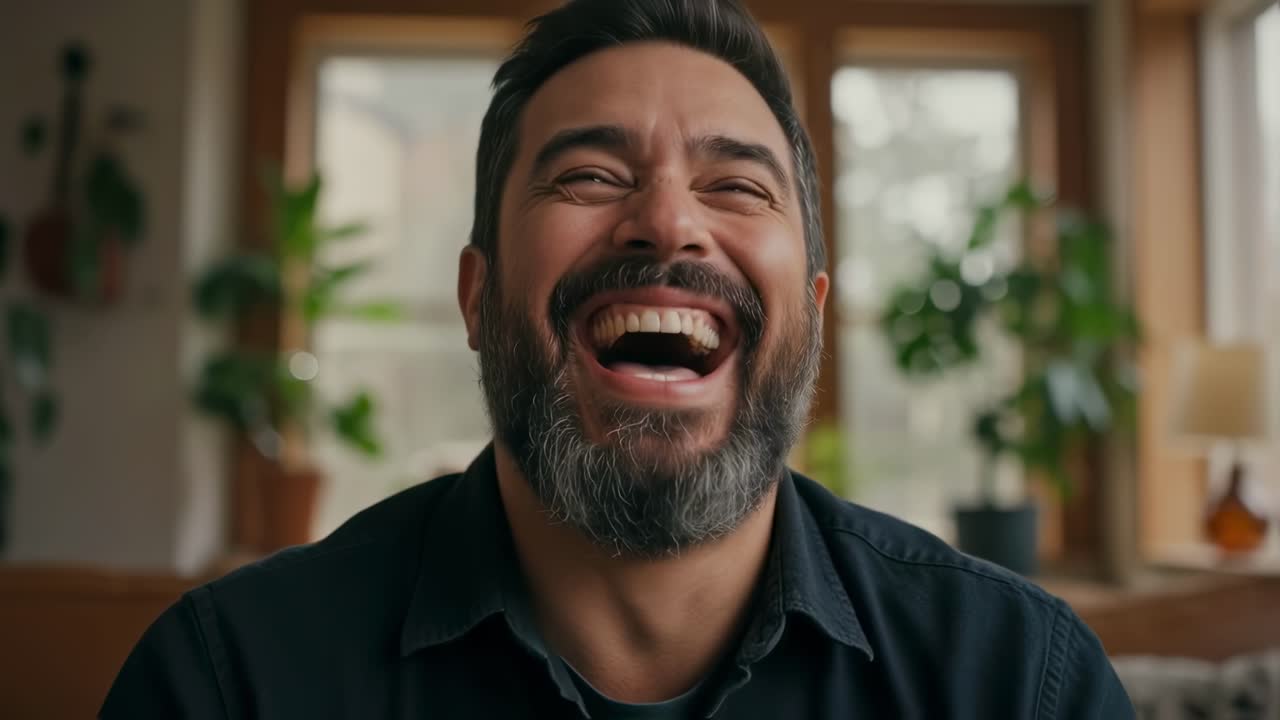 Man laughing joyfully in a cozy living room surrounded by plants and natural light in a warm atmosphere