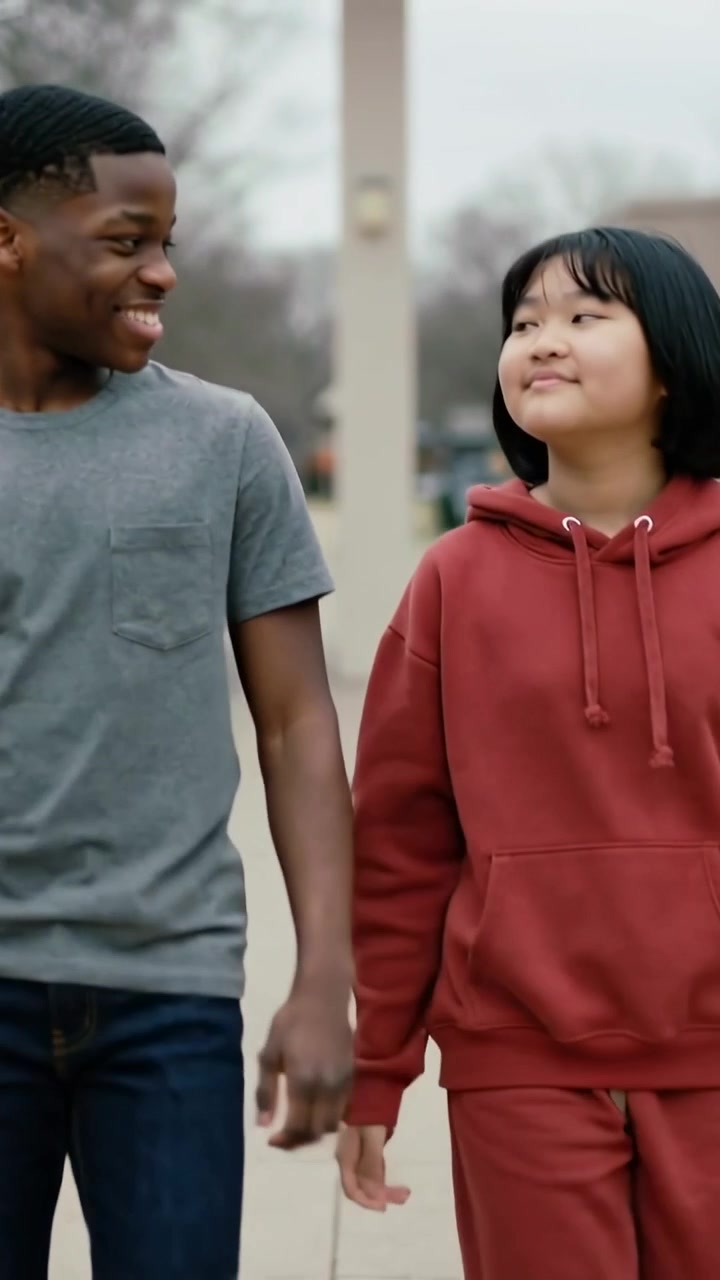 Vertical video: Linking arm red hoodie teen and grey tee pal walking on school path past light pole