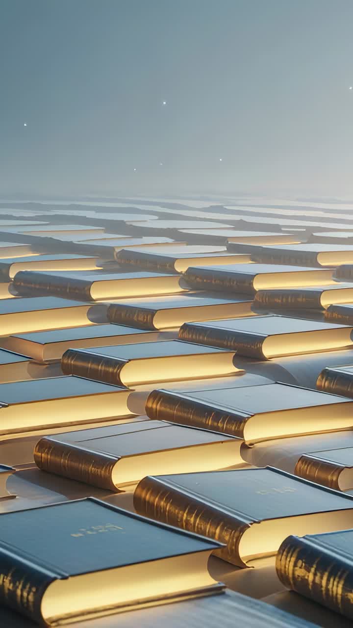 Vertical video: Opening camera tilting up and pulling back in studio, revealing metallic books grid