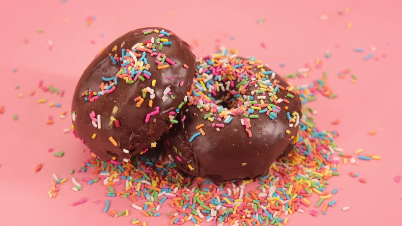 rosquillas de chocolate con salpicaduras sobre un fondo rosado