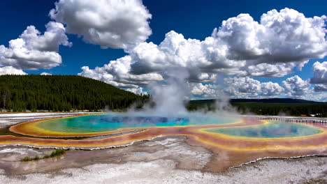 vibrant grand prismatic spring in yellowstone national park with rising steam