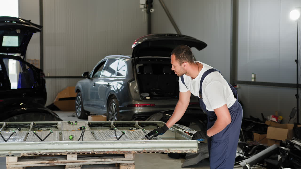 mecánico de automóviles trabajando en una pieza de automóvil en un garaje