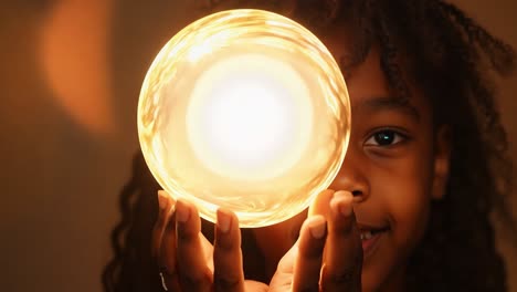 young girl holding a glowing sphere