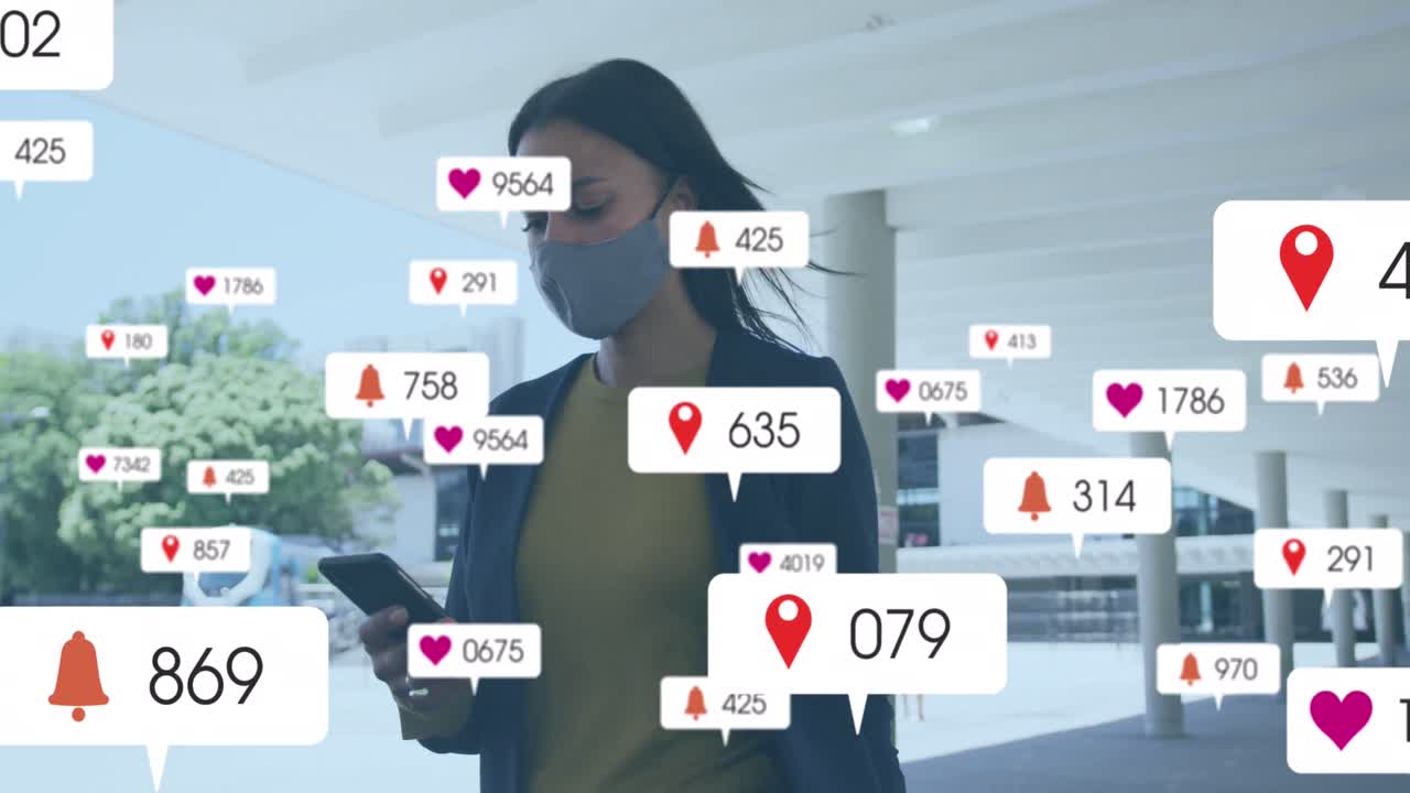 Animation of multiple social media icons over biracial woman in face mask outdoors