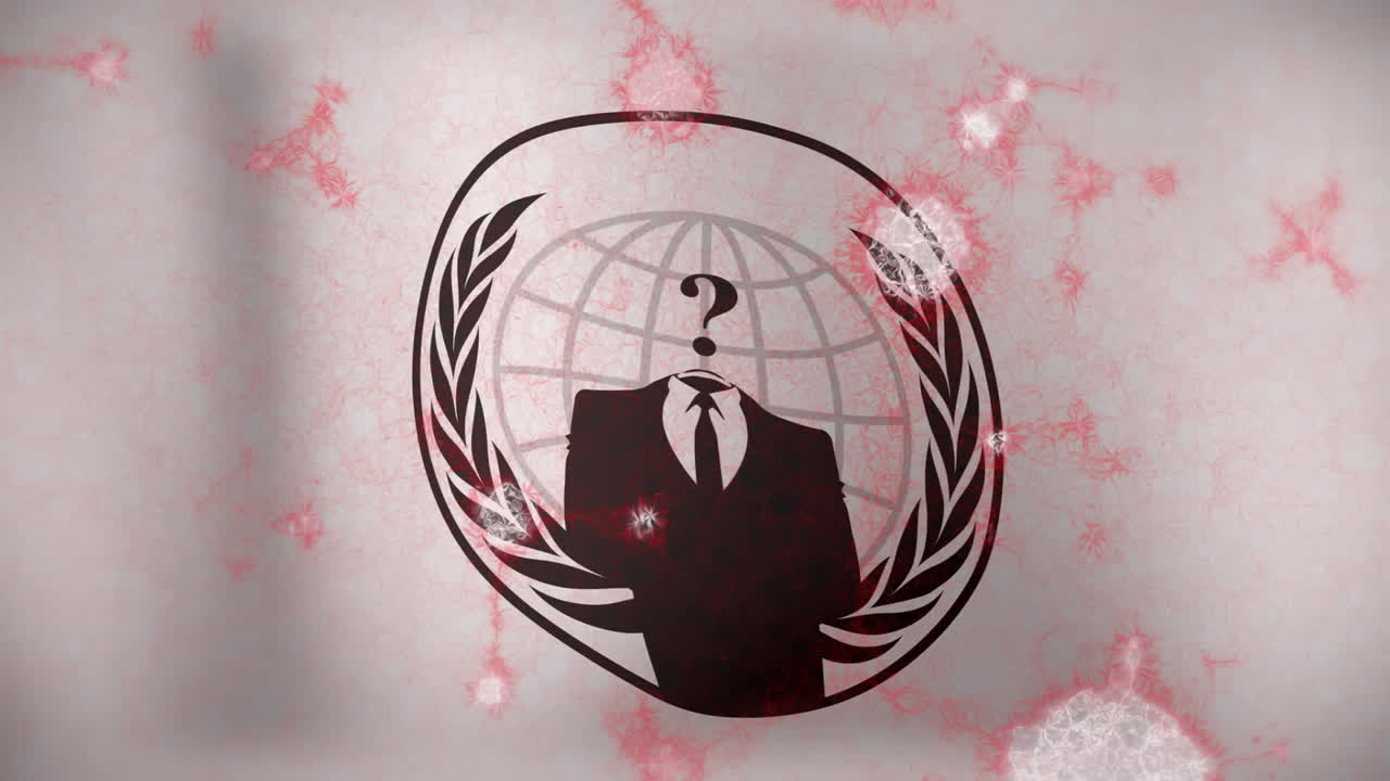 Animation of faceless suit with question mark over globe and laurel wreath