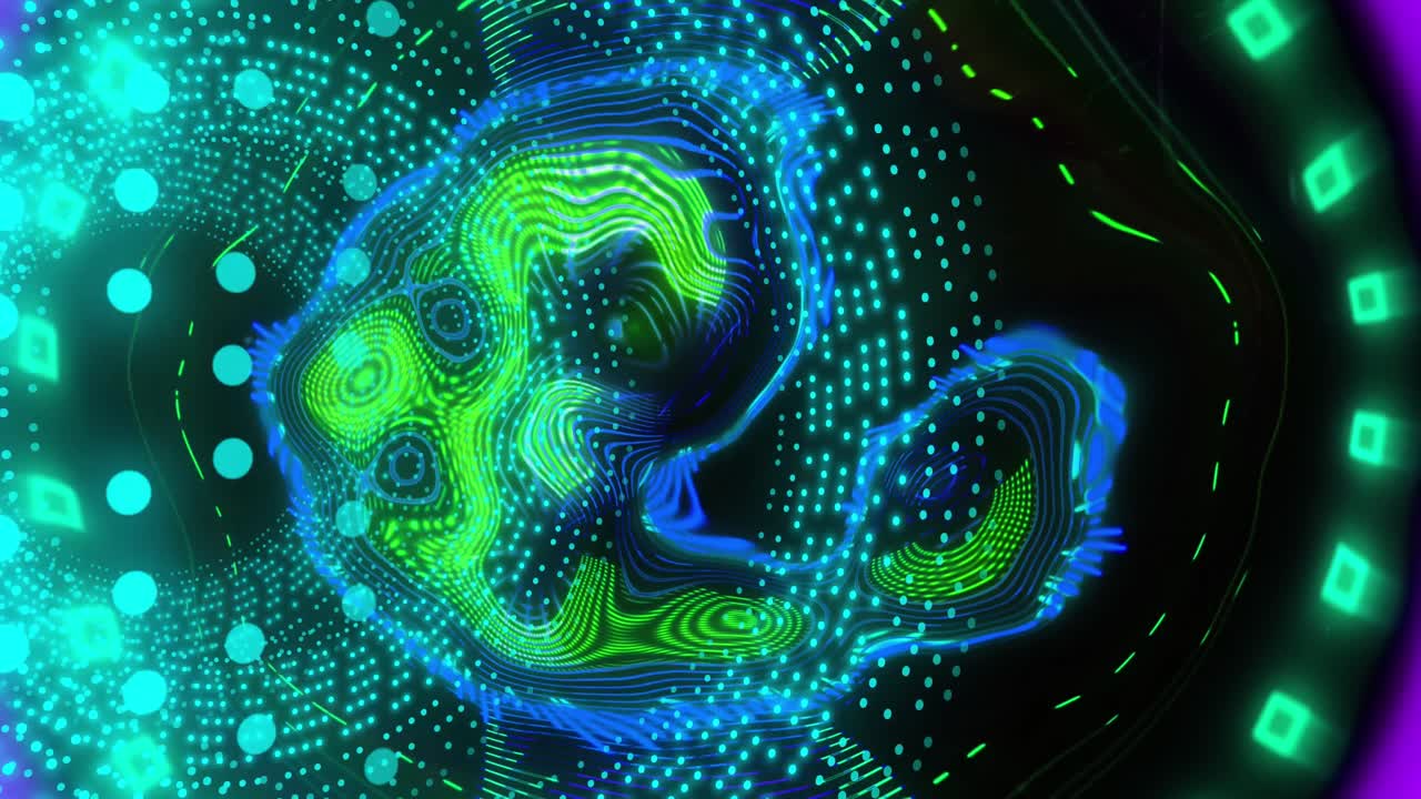 Flashing blue tunnel of light spots over distorted data lights on black background