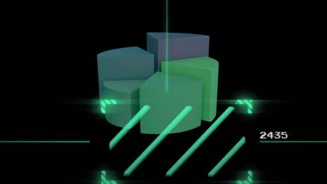 3d pie chart and bars with data processing animation over black background