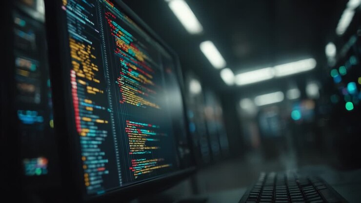 Intricate Display of Computer Code Illuminated on a Monitor in a High-Tech Data Center, Showcasing Digital Programming and Software Development Environments