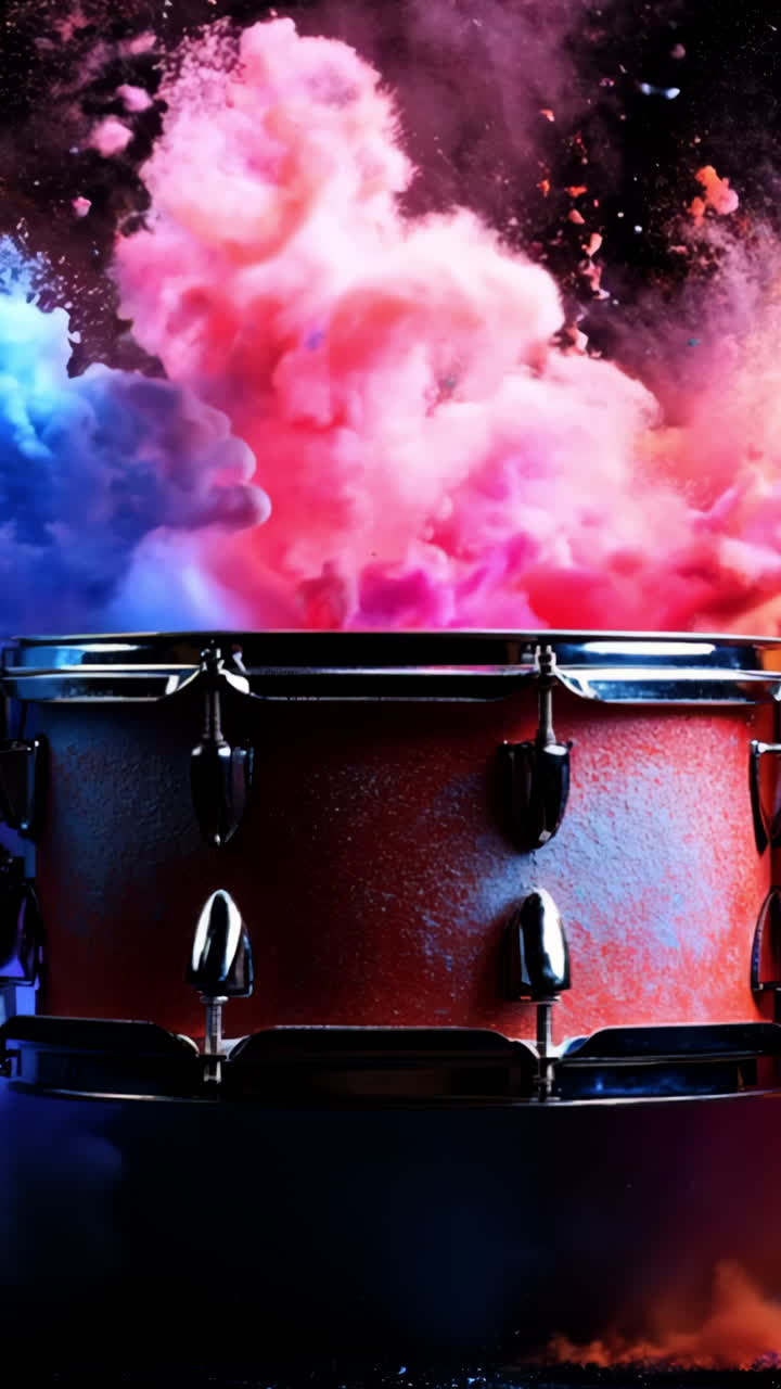A drum is shown in a colorful explosion of red, blue, and yellow. The drum is surrounded by a cloud of dust and debris, giving the impression of a powerful and energetic performance