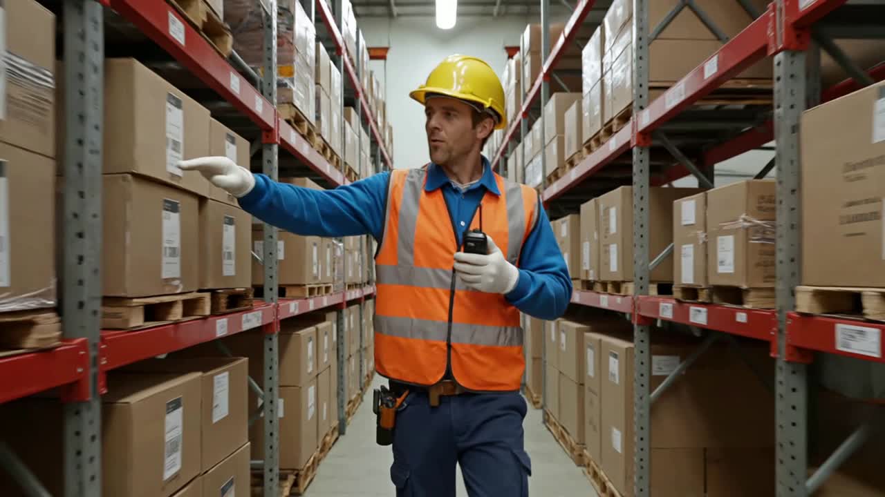 Warehouse Worker Communicating on Walkie-Talkie in Storage Aisle