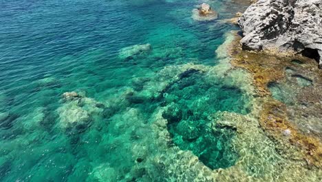 the crystal blue waters and rocky shores of corfu island in the ionian sea, aerial view