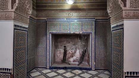 fireplace in moroccan home, authentic arabic tiles, inside marrakesh riad