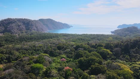 Toma-Aérea-De-Una-Jungla-Que-Se-Abre-Con-El-Océano-Y-Las-Montañas-Al-Fondo