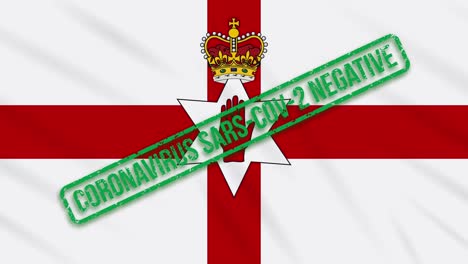 northern ireland swaying flag with green stamp of freedom from coronavirus, loop