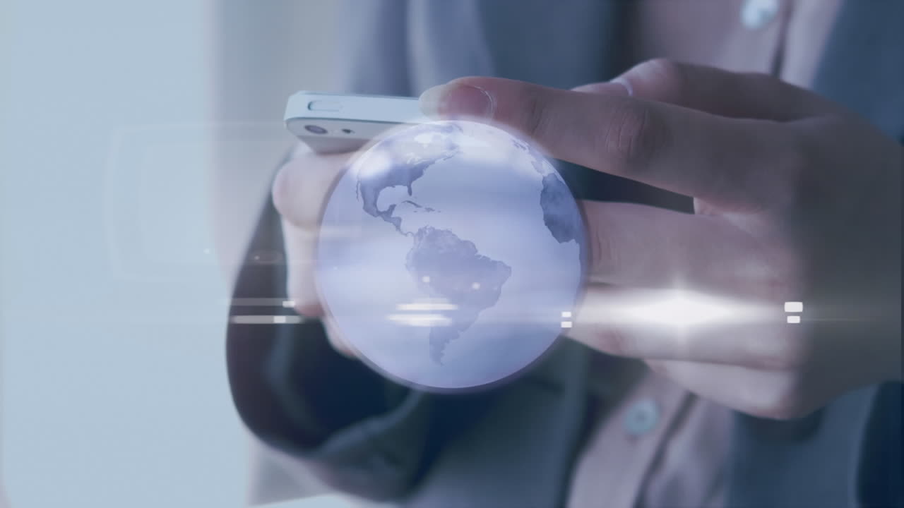 스마트폰을 사용하는 카우카스계 사업가에 대한 금융 데이터 처리 애니메이션