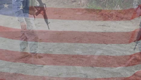 Animation-of-flag-of-america-waving-over-diverse-soldier-carrying-injured-subordinate-during-war