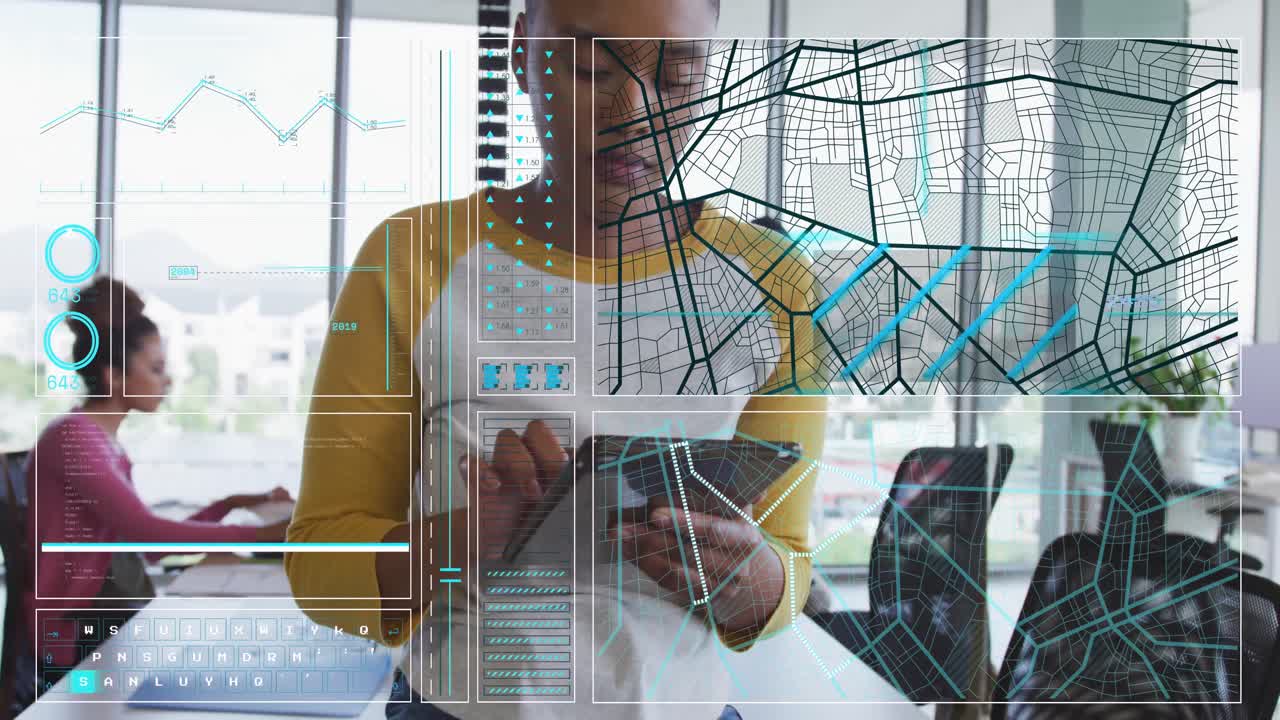 Animation of data processing over african american women using tablet