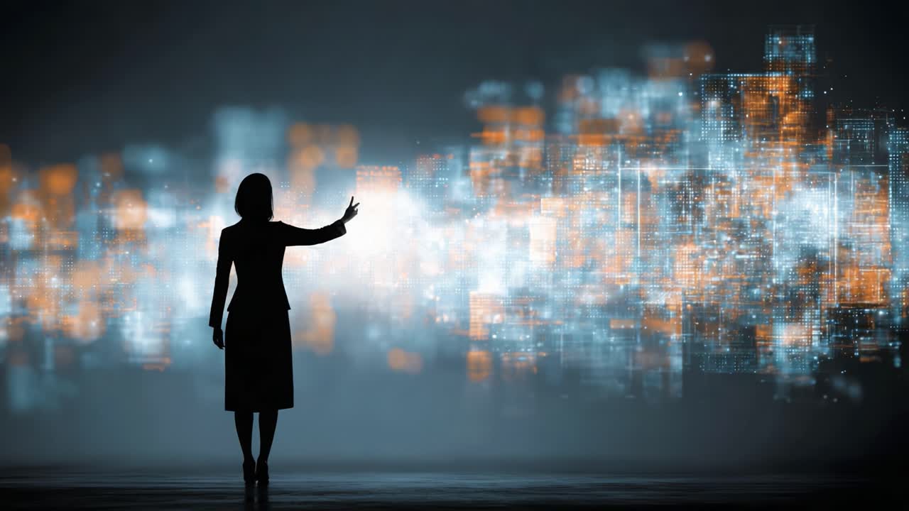 A Glimpse into the Future: A Silhouette of a Woman Interacting with an Illuminated Digital Cityscape, Representing Innovation, Technology, and Connectivity