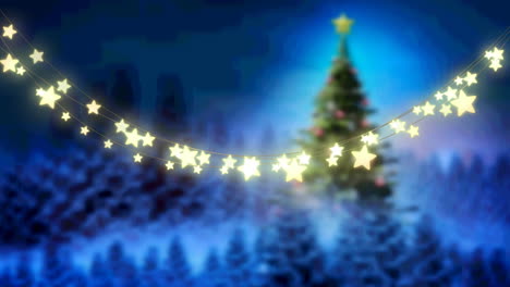 animación de luces de hadas brillantes sobre el árbol de navidad y el paisaje de invierno