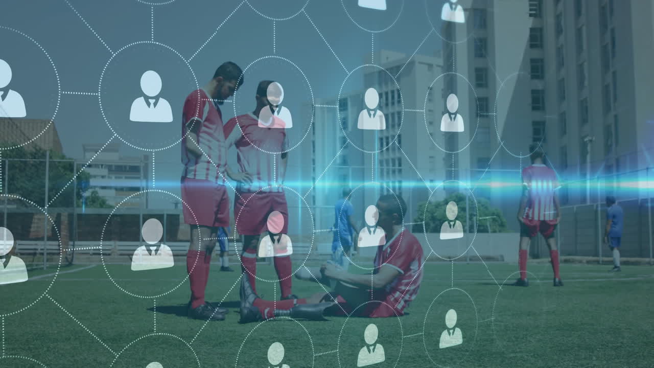 프로필 아이콘의 네트워크가 잔디 ⁇ 에 앉아 있는 의수 다리를 가진 남성 축구 선수를 반대합니다.