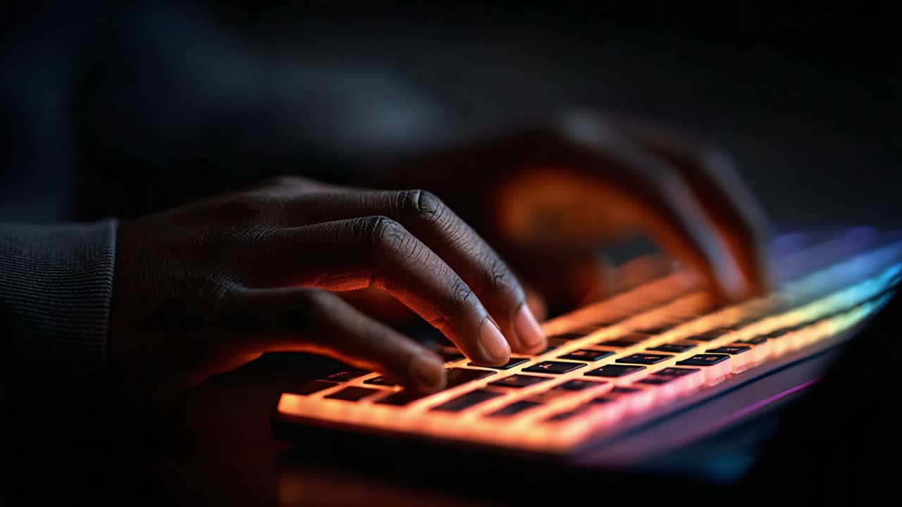 Boeiende close-up van handen die typen op een levendig verlicht toetsenbord, een staaltje van digitale interactie in een verduisterde ruimte