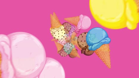 multiple illustrated ice cream cones spin and zoom against a vibrant pink backdrop, creating a playful, energetic motion with bright, colorful scoops and dynamic transitions