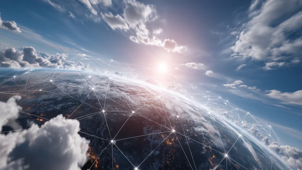 A Stunning Perspective of Earth with Digital Connections, Showcasing the Beautiful Interface between Nature and Technology Under a Bright Sunlit Sky