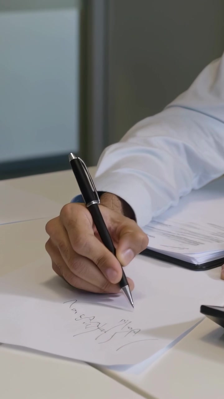 Video verticale: La telecamera inquadra una mano maschile che firma un modulo alla scrivania con penna, polsino, mentre archivia, con spazio per il testo