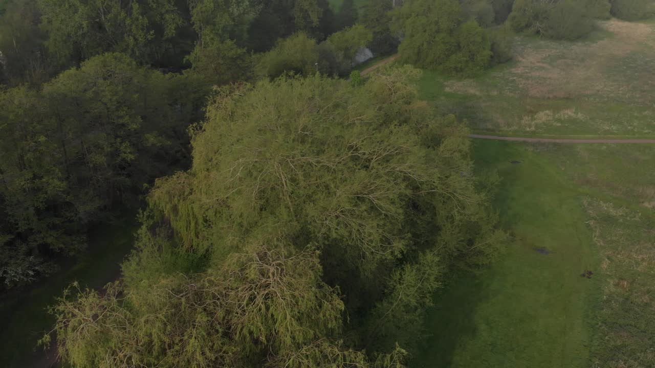 Rotating drone clip over the countryside of England with the town of Thetford standing in the background