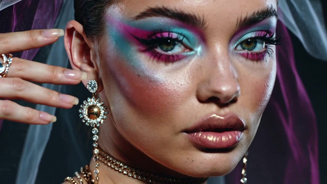 Reacting to camera zoom, model adjusting left hand on earring in studio, showcasing makeup