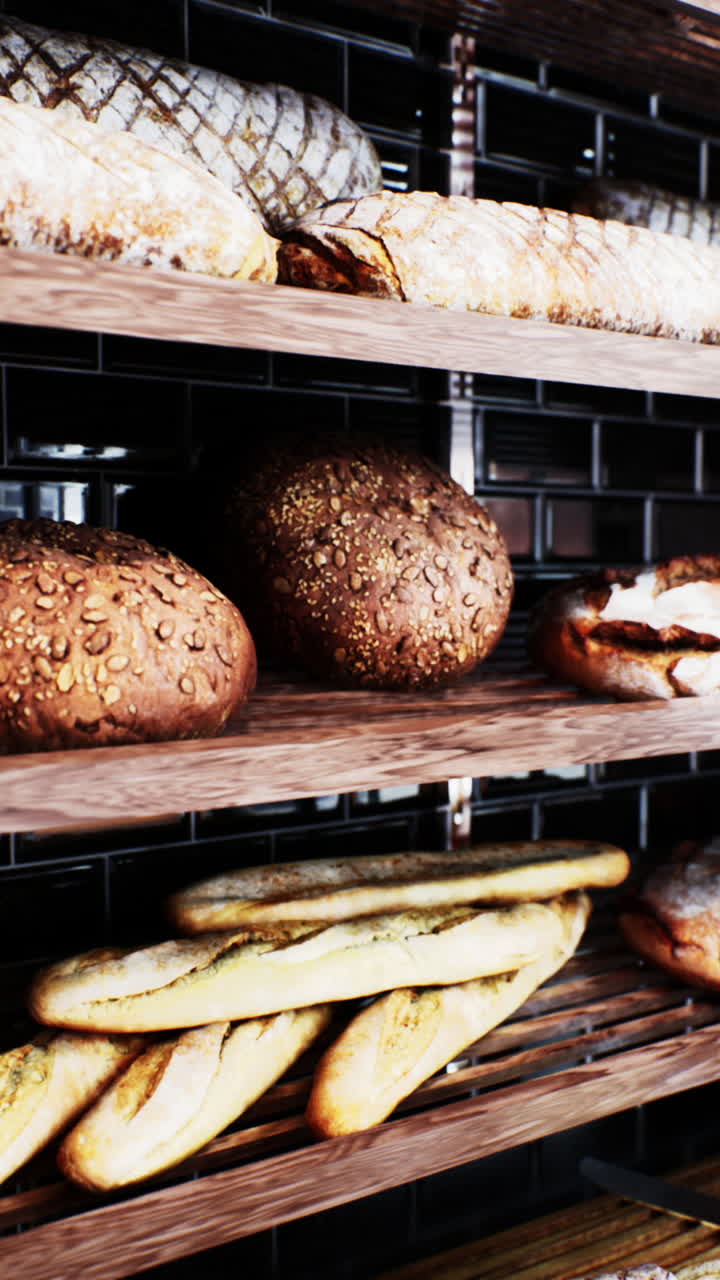 Close-up view of delicious fresh bread on shelves in a bakery
