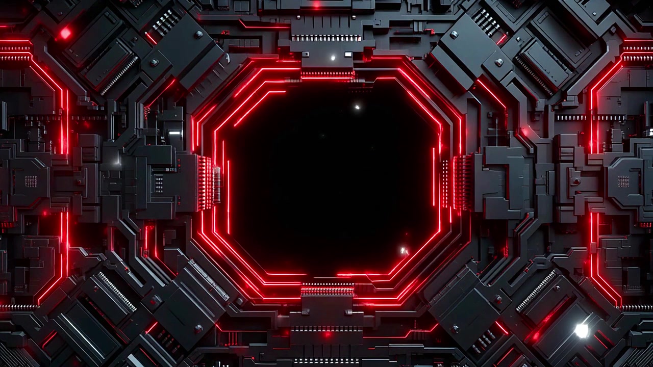 Sfondo tecnologico futuristico scuro con ottagono rosso luminoso.