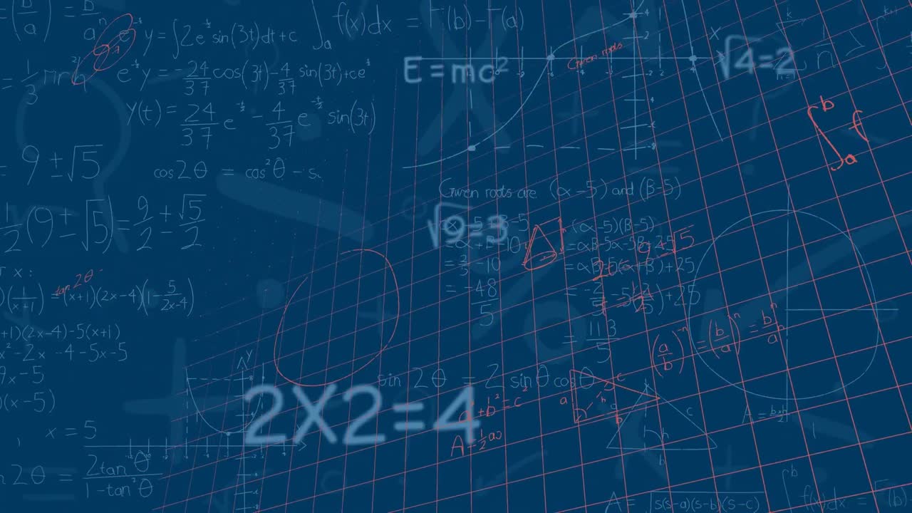 수학 방정식과 다이어그램의 애니메이션이 파란색 배경에 대한 그리드 네트워크에서 떠다니고 있습니다.