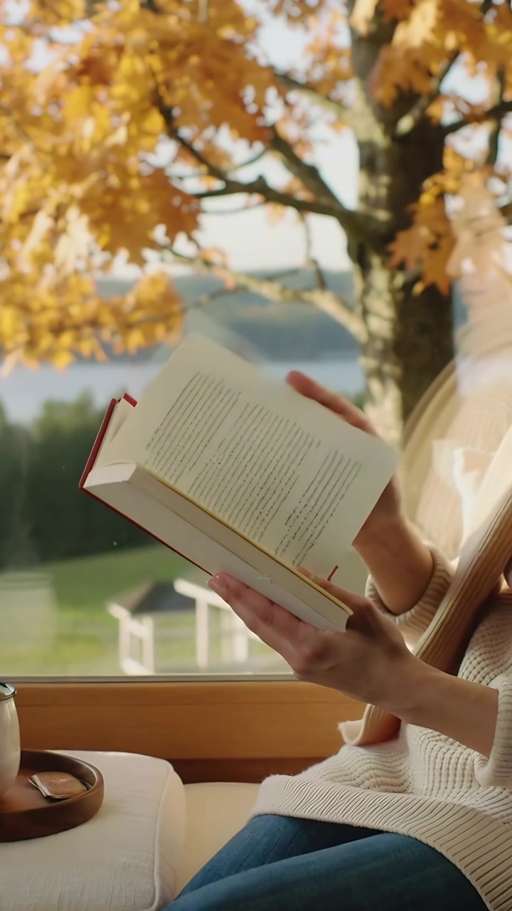Video verticale: Libro in movimento, donna in maglione che sfoglia pagine alla finestra per riposare, tazza, spazio per il testo.