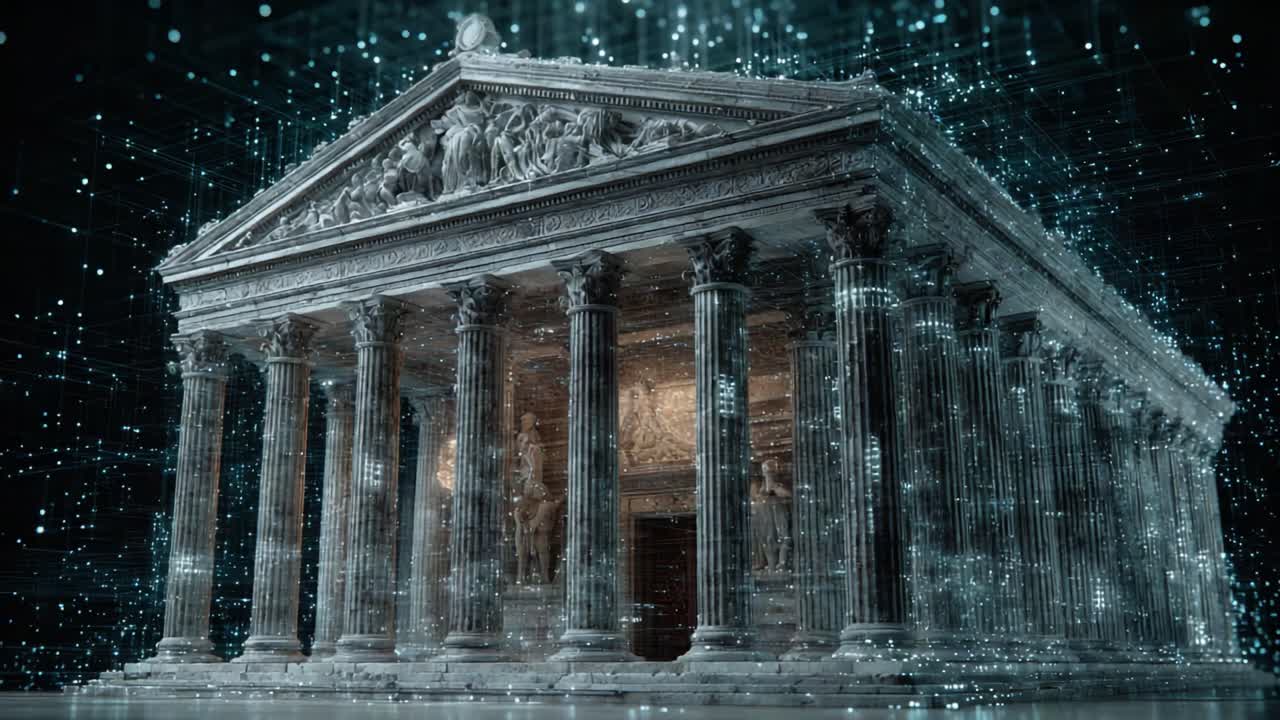 A Stunning Digital Reconstruction of a Classic Temple, Showcasing Advanced Technology and Architectural Grandeur Intertwined with Enchanting Visual Effects