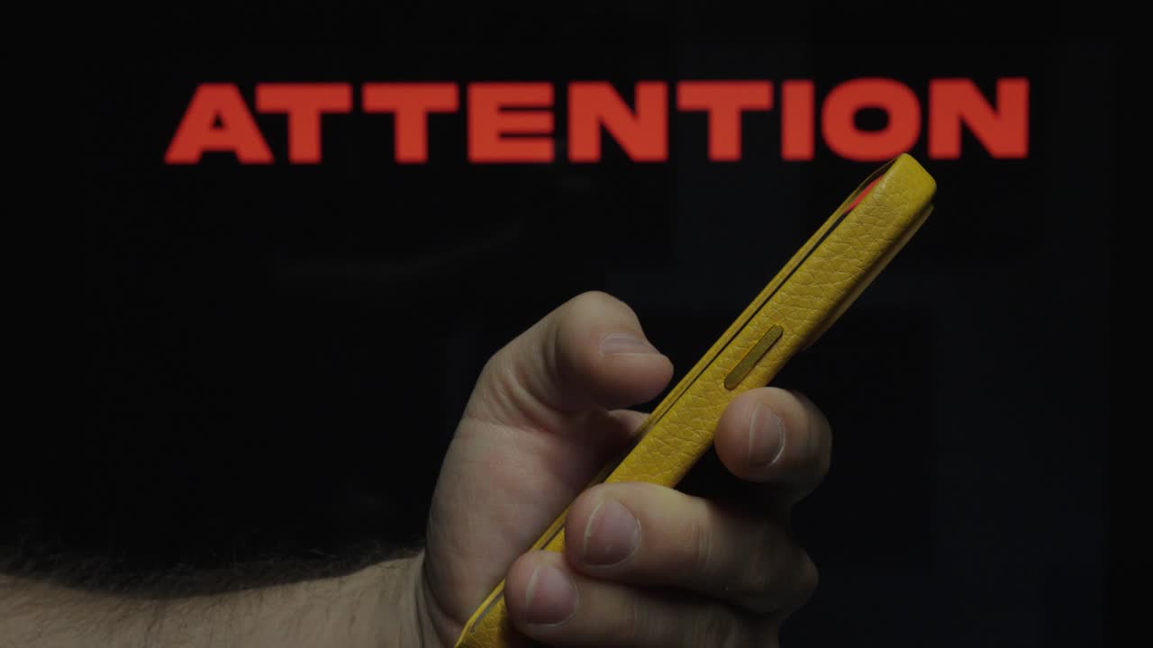 Close-up of a hand holding a smartphone with “Attention” text, representing alerts, warnings, and important notifications